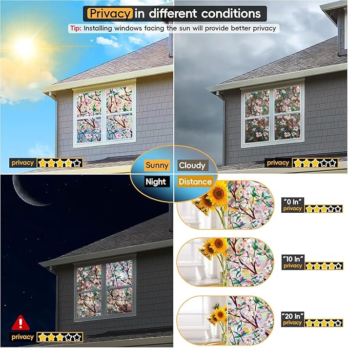 Rainbow Window Privacy Film Decorative, 3D Decals Stained Glass Clings, Static Cling Sticker, Suncatcher Windows Cover Tint for Home, 47.2 Inch x 157.4 Inch