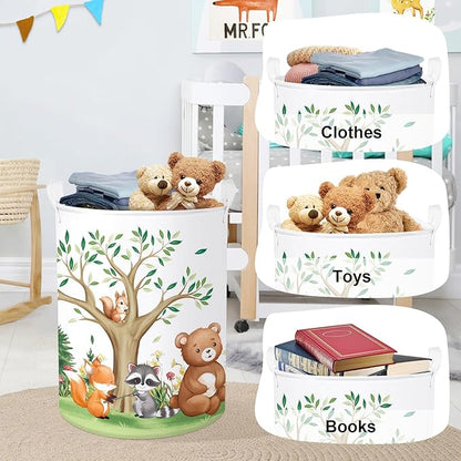 Forest Animals Laundry Hamper Woodland Tree Large Storage Basket Parents Organizer Kids Clothes Toy Bins for Bedroom, Bathroom, Bear, 63L