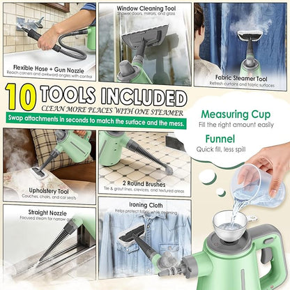 Steam Cleaner for Bathroom & Kitchen, Handheld High Temp Steam Cleaner with Safety Lock, Chemical-Free Steamer for Deep Cleaning Tile, Grout, Shower, Stove & Sink, 10 Accessories for Home, Couch & Car
