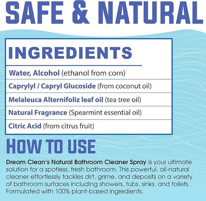 DREAM CLEAN MintTea Bathroom Cleaning Spray Refill - Biodegradable and Cruelty-Free Formula for Showers, Tubs, Sinks & More, Spearmint & Tea Tree Essential Oils, 4oz