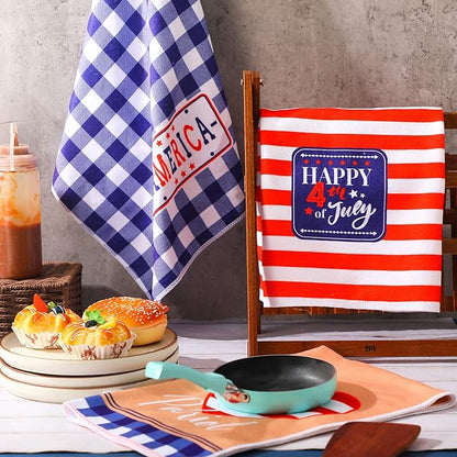 Zubebe 6 Pieces 4th of July Kitchen Dish Towel American Flag 18 x 28 Inch Hand Towel Patriotic Star Stripe Decorative Dishcloth White Blue Red Dish Towels for Memorial Independence Day