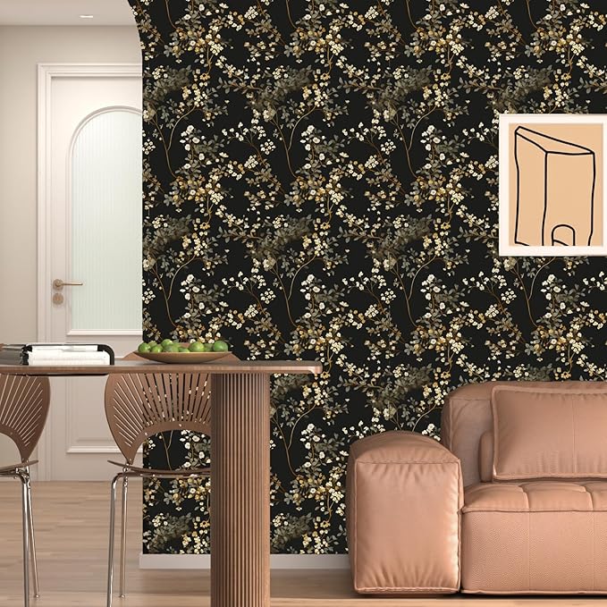 Fvlow Black Floral Wallpaper Classic Leaves Wall Paper 17.4" x 118" Dark Moody Contact Paper Vintage Chinoiserie Watercolor Self Adhesive Covering for Bedroom Bathroom Cabinet Home Decor Beige Gold