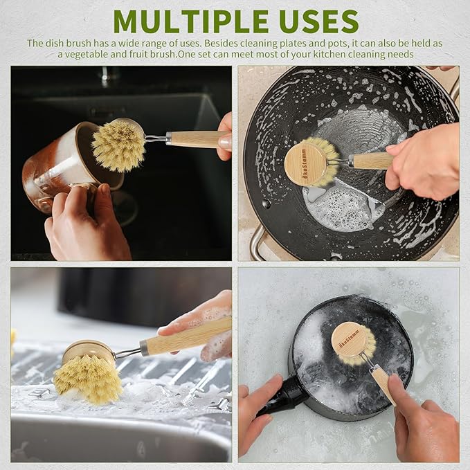 Bamboo Dish Brush with Long Handle - Natural Dish Scrubber Brush Set Includes 4 Replacement Brush Heads, Sisal Bristle Bamboo Brush for Dishes, Pans, Pot, Fruit and Veggie