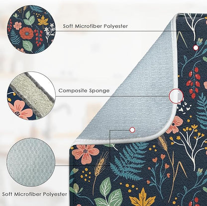Sanwarm Absorbent Dish Drying Mat, All Lace Colorful Flowers Ornaments Microfiber Pad for Kitchen Counter, Coffee Bar Decor, Heat Resistant and Reversible, 16" x 18"