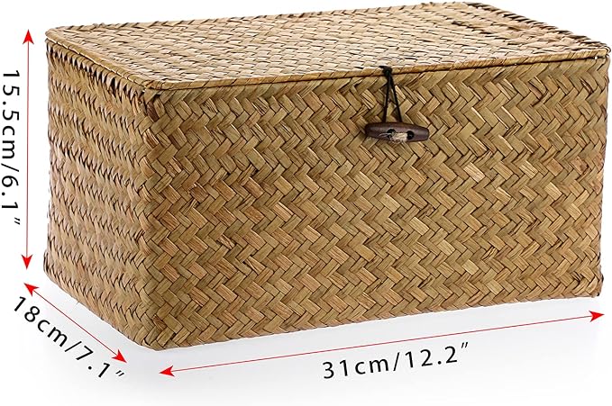 Hipiwe Wicker Shelf Baskets Bin with Lid, Handwoven Seagrass Basket Storage Bins Rectangular Household Basket Boxes for Shelf Wardrobe Home Organizer, Caramel Medium