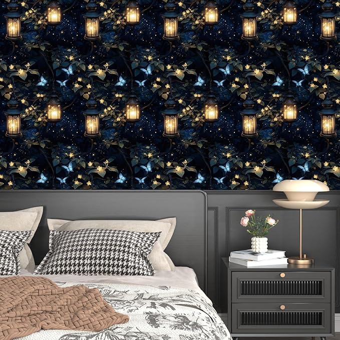 Dark Wallpaper Peel and Stick Night Forest Contact Paper Vintage Green Leaf Wall Paper Vinyl Waterproof Self Adhesive Retro Lantern Butterfly Walls Mural for Bedroom Cabinet Table Décor17.5" x 118"