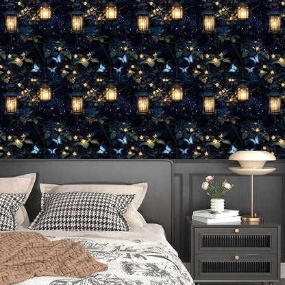 Dark Wallpaper Peel and Stick Night Forest Contact Paper Vintage Green Leaf Wall Paper Vinyl Waterproof Self Adhesive Retro Lantern Butterfly Walls Mural for Bedroom Cabinet Table Décor17.5" x 118"