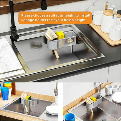 SuoXing Inside Sink Sponge Holder,Grey Rustproof Sink Caddy and Scrub Holder for Kitchen Sink with Suction Cup,Adhesive,Plastic Dish Sink Organizer for Scrub Brush,Scrubber,Dish Sponge,Spinge Holder