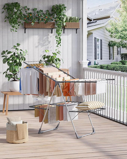 Clothes Drying Rack, Foldable 2-Level Laundry Drying Rack with Height-Adjustable Wings, for Clothing & Bedding, Free-Standing Space-Saving Rack, Indoor & Outdoor, 55.5" L × 22.8" W, Gray