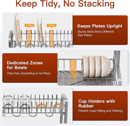 2 Tier Dish Drainer Drying Rack for Kitchen Counter Large Stainless Steel Dishes Drain with Drainboard Set, Space Saving, Big Modern Black Countertop Metal Plate Dryer Strainer Holder and Extra Tray