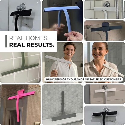 GÜTEWERK Silicone Shower Squeegee for Glass Doors & Mirrors with Stainless Steel Core, Streak-Free & No-Squeak Window Cleaning, 3-in-1 No-Drill Mount (Hook/Suction/Adhesive),White, 9 Inches