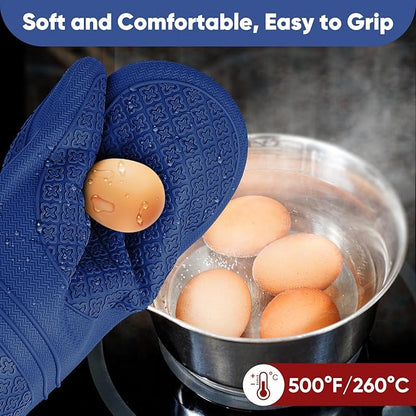 Silicone Oven Mitts, Heat Resistant Oven Gloves with Quilted Liner, Waterproof & Non-Slip Kitchen Mittens for Baking Cooking BBQ, 500°F, 12.5"-Madnight Blue