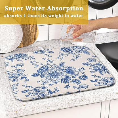 Vintage Blue Floral Dish Drying Mat for Kitchen Counter 16x18 Inch Chinoiserie Flowers Absorbent Reversible Microfiber Dish Pad Dish Drainer Rack Mats Countertops Protector Mat