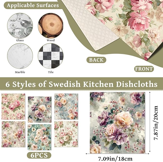 Reusable Swedish Dishcloths for Kitchen, 6 Pcs Vintage Floral Swedish Dish Cloths, Absorbent Flower Designs Sponge Cleaning Towels Wipes for Kitchen Cooking Home Decoration Housewarming Gifts