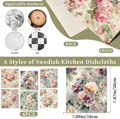 Reusable Swedish Dishcloths for Kitchen, 6 Pcs Vintage Floral Swedish Dish Cloths, Absorbent Flower Designs Sponge Cleaning Towels Wipes for Kitchen Cooking Home Decoration Housewarming Gifts
