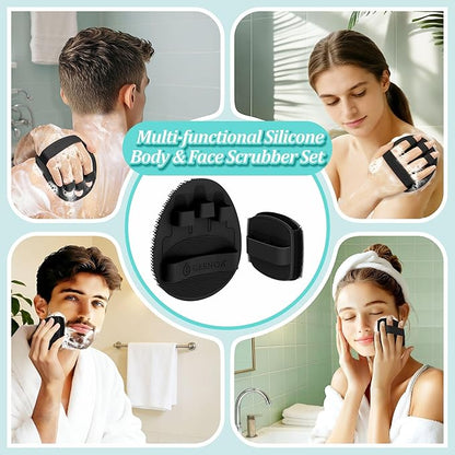 Silicone Body & Face Scrubber Set, 360° Anti-Slip & Hand-fit Silicone Shower Scrubber for Rich Foaming Deep Cleaning, Unique Facial Scrubber with Side-bristles for Contoured Areas.(Black)