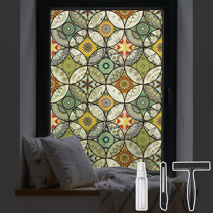 DKTIE Static Cling Decorative Window Film with Installation Tools Non Adhesive Privacy Film, Stained Glass Window Film for Bathroom Shower Door Heat Cotrol Anti UV, 17.7 x 78.7 Inch