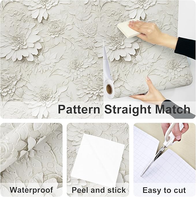Faux 3D Floral Wallpaper Peel and Stick Beige Embossed Wallpaper for Bedroom Vintage Flower Contact Paper for Bathroom Living Room Cabinets Shelf Liner Wall Paper for Girls Room 17.5"x102"