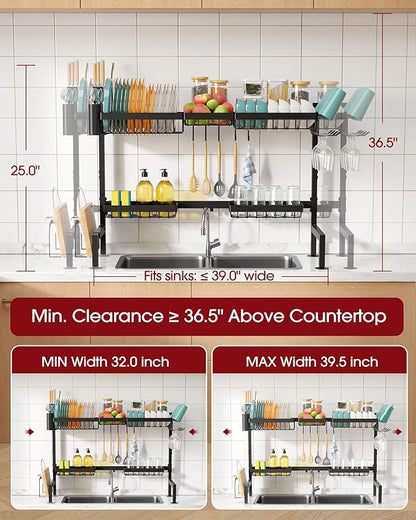Sakugi Over The Sink Dish Drying Rack - Adjustable 2 Tier X-Large Capacity Stainless Steel Drainer with Cutlery & Utensil Holders, Kitchen Storage & Organization, 32"-39.5" L x 12" W x 25" H, Black