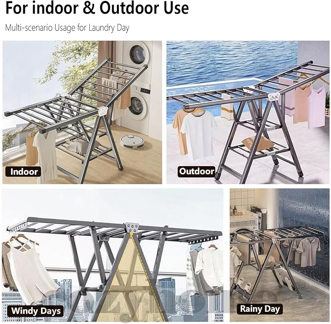 71" Clothes Drying Rack Foldable, Clothes Airer Drying Rack with Wheels, Heavy Duty Metal Laundry Dryer, Extra-Thick Free-Standing Design Indoor Outdoor Use