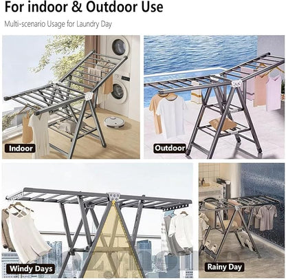 71" Clothes Drying Rack Foldable, Clothes Airer Drying Rack with Wheels, Heavy Duty Metal Laundry Dryer, Extra-Thick Free-Standing Design Indoor Outdoor Use