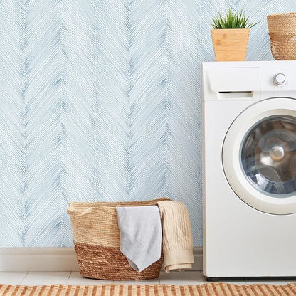 Modern Peel and Stick Wallpaper 17.3"x120" Grey Blue Herringbone Striped Wall Paper Boho Self-Adhesive Removable Contact Paper for Cabinets Bathroom Bedroom Wall Decor