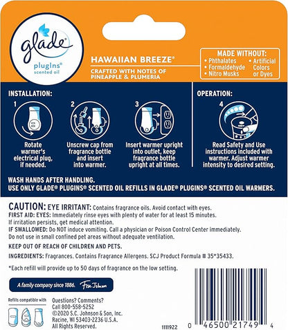 Glade PlugIns Refills Air Freshener, Scented and Essential Oils for Home and Bathroom, Hawaiian Breeze, 1.34 Fl Oz, 2 Count