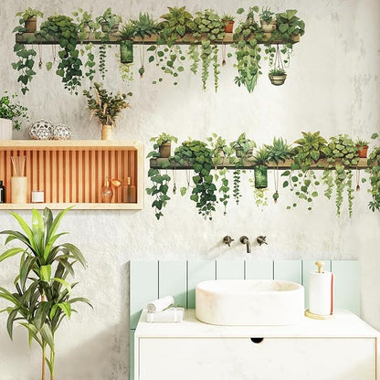 Nature Green Plants Peel and Stick Wall Decals Wallpaper Removable Wall Decals Shelves Green Plants Vinyl Art Stickers & Murals for Living Room Kitchen Bathroom Decoration (2pcs A)