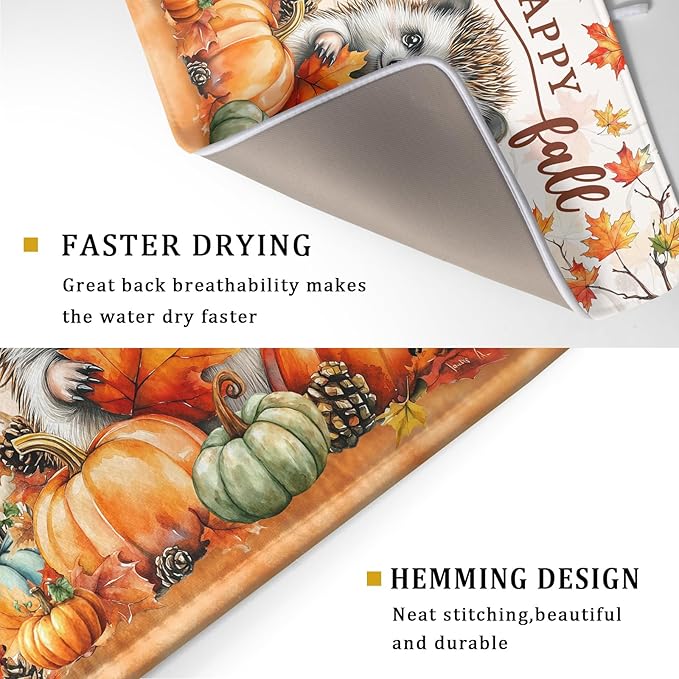 Happy Fall Dish Drying Mat - Large Absorbent Microfiber Drying Pad for Kitchen Counter 18 X 24 in Yellow