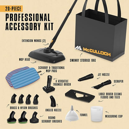 McCulloch Canister Steam Cleaner MC1375, 90 Minute Runtime, 20 Accessories, Jet Nozzle, Brushes, & More - Steam Cleaner for Home, Tile, Carpet, Furniture, & Personal Car Detailing