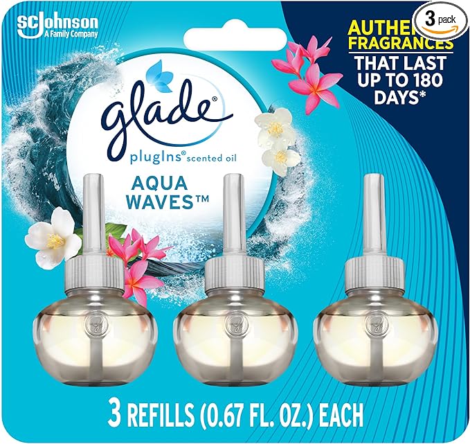 Glade PlugIns Refills Air Freshener, Scented and Essential Oils for Home and Bathroom, Aqua Waves, 2.01 Oz, 3 Count