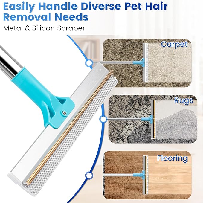 3-Pack Pet Hair Remover Tools, Carpet Rake for Pet Hair Removal, Long Handle Double-Sided Carpet Fur Removal Lint Scraper Brush Dog Cat Hair Remover for Sofa, Couch, Rug, Stairs, Clothes, Blue