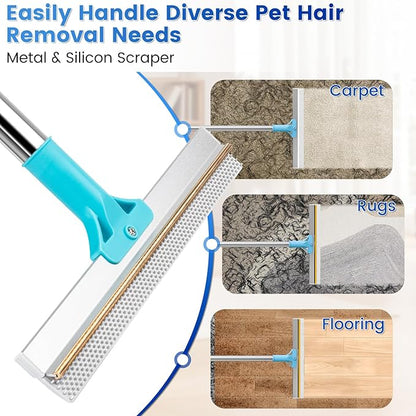 3-Pack Pet Hair Remover Tools, Carpet Rake for Pet Hair Removal, Long Handle Double-Sided Carpet Fur Removal Lint Scraper Brush Dog Cat Hair Remover for Sofa, Couch, Rug, Stairs, Clothes, Blue