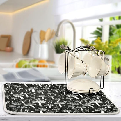 Eucalyptus Leaves Dish Drying Mat for Kitchen Countertop 16x18 Black White Floral Leaf Small Drying Mat Reusable Quick Dry Dish Sink Absorbent Mats Dishwasher Easy Clean Decorative Home Essentials