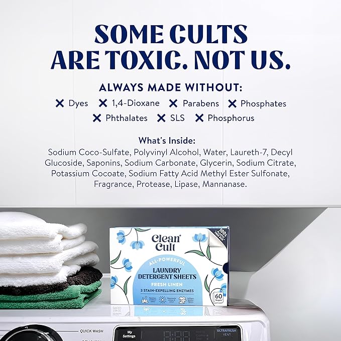 Cleancult Laundry Detergent Sheets - Resealable Box - 3 Stain Fighting Enzymes - Fresh Linen - 60 Loads - Free of Harsh Chemicals - No Mess - No Plastic Waste