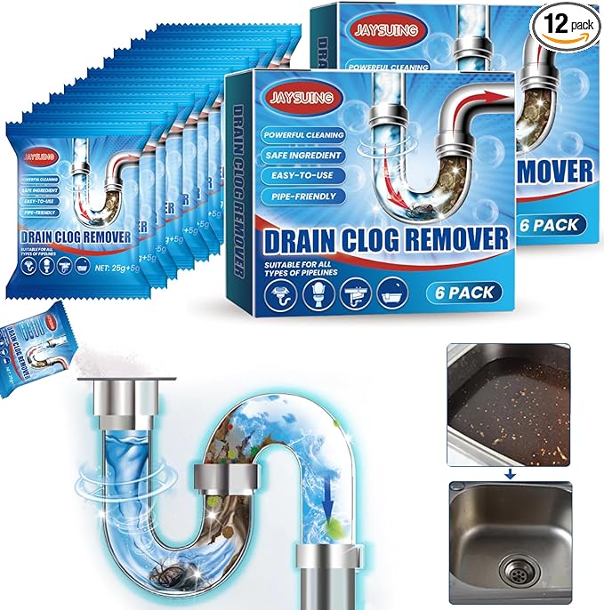Drain Clog Remover and Cleaner for Toilet, Shower or Sink Drains, Unclogs and Removes Hair, Soap Scum, Organic Waste, Blockages, Effective in 30 minutes, Undamaged pipes (12.7 Ounce, Pack of 12)
