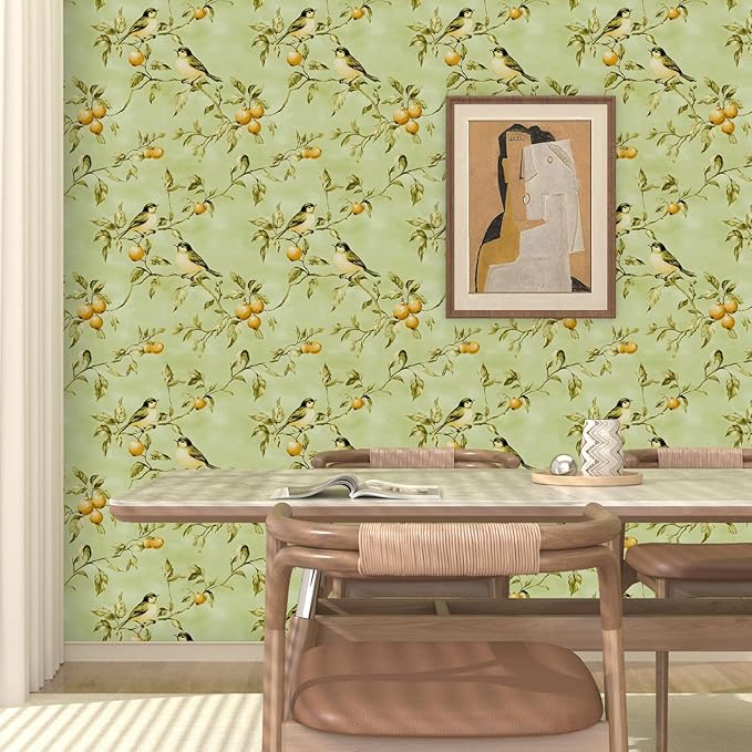Vintage Bird Wallpaper Peel and Stick, Green Botanical Fruits Contact Paper17.5" x 393", Retro Floral Boho Wall Paper Self Adhesive Removable Waterproof for Bedroom Walls Shelf Cabinet Drawer Table
