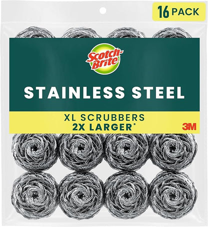 Scotch-Brite Stainless Steel Scrubbers, Scouring Pads for Cleaning Tough Baked-On Messes, Metal Scrubbers for Cleaning Dishes, 16 Scrub Pads