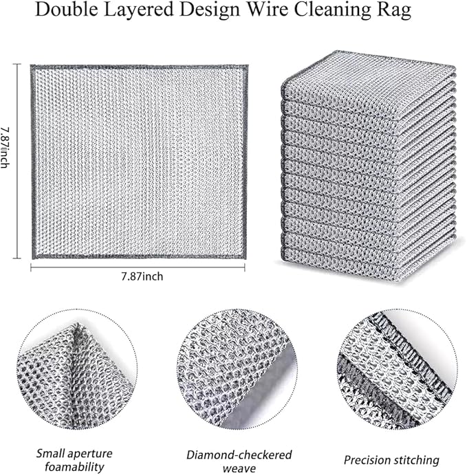 YinQin 10 PCS Double Layer Stainless Steel Scrubber Wire Dishwashing Cloth Non Scratch Stainless Steel Mesh Dish Cleaning Cloth 20x20cm Metallic Wire Cleaning Rag Towel for Kitchen Dish Sink Stove Top