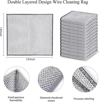 YinQin 10 PCS Double Layer Stainless Steel Scrubber Wire Dishwashing Cloth Non Scratch Stainless Steel Mesh Dish Cleaning Cloth 20x20cm Metallic Wire Cleaning Rag Towel for Kitchen Dish Sink Stove Top