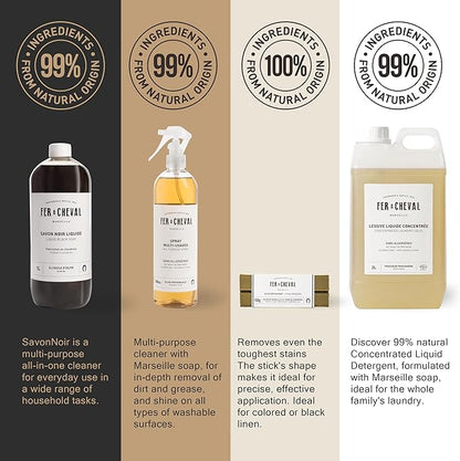Fer à Cheval Bundles - Liquid Black Soap, Concentrated Laundry Liquid 2L/67.6oz, All-Purpose Spray Cleaner 500ml/16.9 fl oz, Stain Remover Stick with Sommières Clay