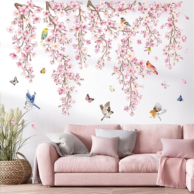 wondever Cherry Blossom Flower Vine Wall Stickers Pink Hanging Floral Tree Branch Birds Peel and Stick Wall Art Decals for Bedroom Living Room Sofa