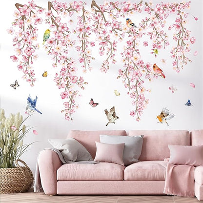 wondever Cherry Blossom Flower Vine Wall Stickers Pink Hanging Floral Tree Branch Birds Peel and Stick Wall Art Decals for Bedroom Living Room Sofa