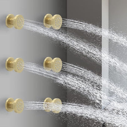 Brass Round Shower Body Spray Jets 6 Pack, HOMEDEC Spa Massage Nozzle 2inch Rain Showerhead Wall Mount Rainfall Shower Head Sprayer, Brushed Gold