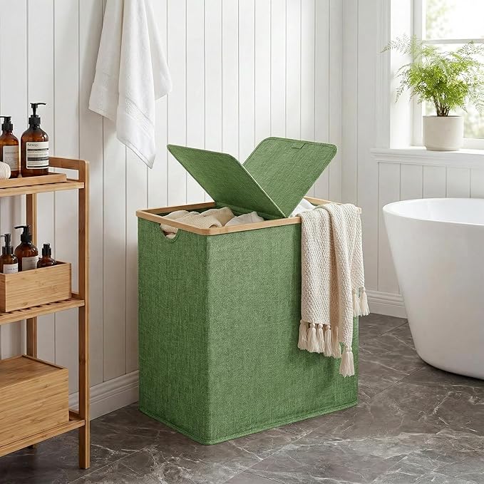 efluky Laundry Hamper with Lid, Double Laundry Hamper with 2 Removable Bags, 2 Section Laundry Basket with Bamboo Handles for Bathroom, Bedroom & Laundry Room,140L Green