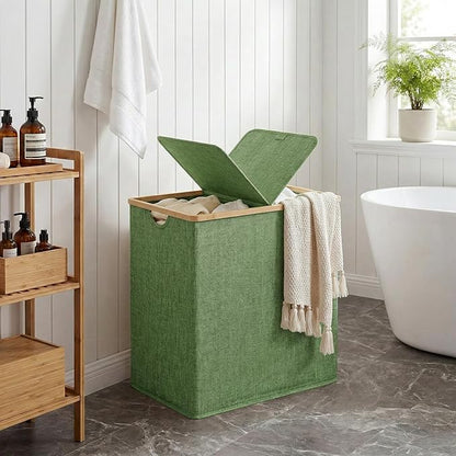 efluky Laundry Hamper with Lid, Double Laundry Hamper with 2 Removable Bags, 2 Section Laundry Basket with Bamboo Handles for Bathroom, Bedroom & Laundry Room,140L Green