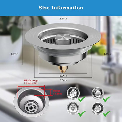 Kitchen Sink Drain Strainer, Upgraded 3 in1 Stainless Steel Metal Pop Up Sink Stopper, Kitchen Drain Plug & Cover with Anti-Clogging Basket Strainer, Fit US Standard Kitchen Drain(Silver)