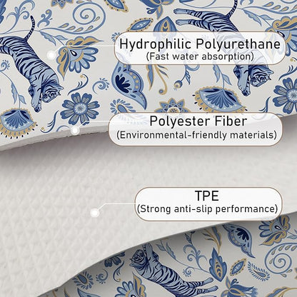 Blue and White Floral Tiger Dish Drying Mat, Chinoiserie Tiger Coffee Bar Mat for Countertops, Abstract Flower Absorbent Dish Drying Mats for Kitchen Counter Coffee Maker, 16x24 Inch