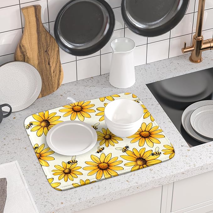 Spring Summer Sunflower Bee Dish Drying Mat of Kitchen Counter 16×18 Inch Floral Drainer Pad Flower Dish Rack Pad Drainer Mat Washable Absorbent Reversible Microfiber for Coffee Bar
