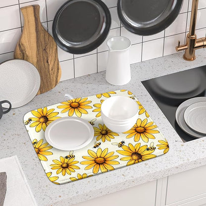Spring Summer Sunflower Bee Dish Drying Mat of Kitchen Counter 16×18 Inch Floral Drainer Pad Flower Dish Rack Pad Drainer Mat Washable Absorbent Reversible Microfiber for Coffee Bar